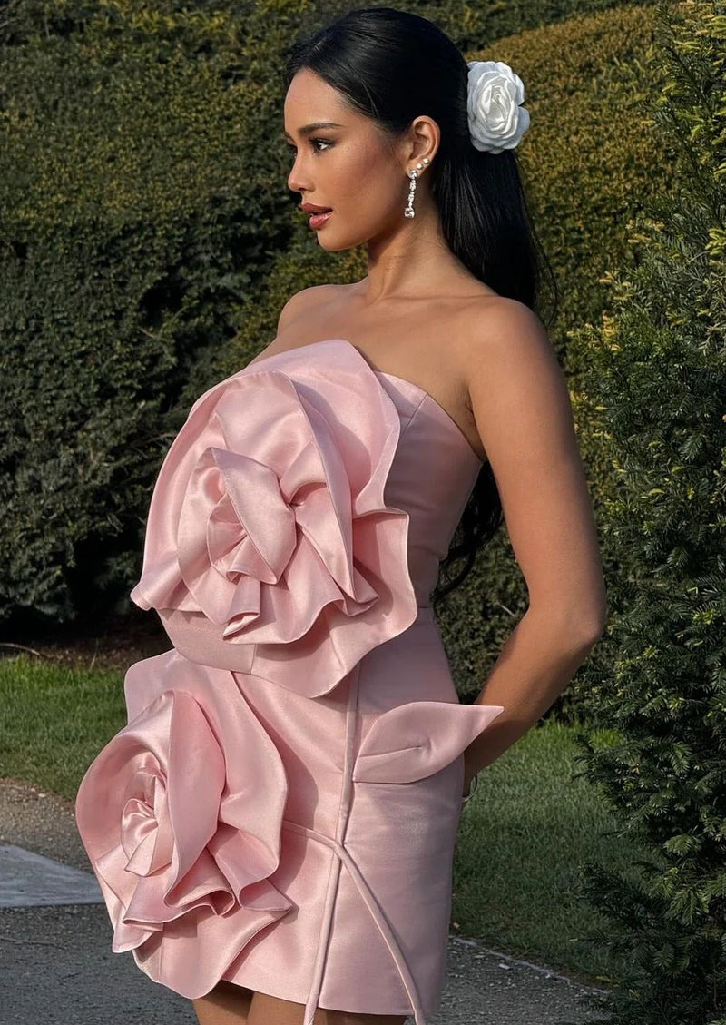 Strapless 3D Flower Mini Dress