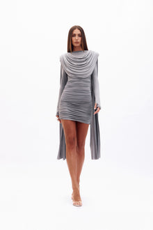 Shoulder-Drape Backless Ruched Grey Dress