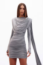 Shoulder-Drape Backless Ruched Grey Dress