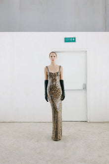 Two-Piece Sequin Leopard Spaghetti Strap Dress with Pullover Cape