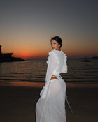 V-Neck Ruffle-Trim Tie-Front Long-Sleeve Cardigan Top with Waist-Tie Chiffon Skirt Two-Piece Set