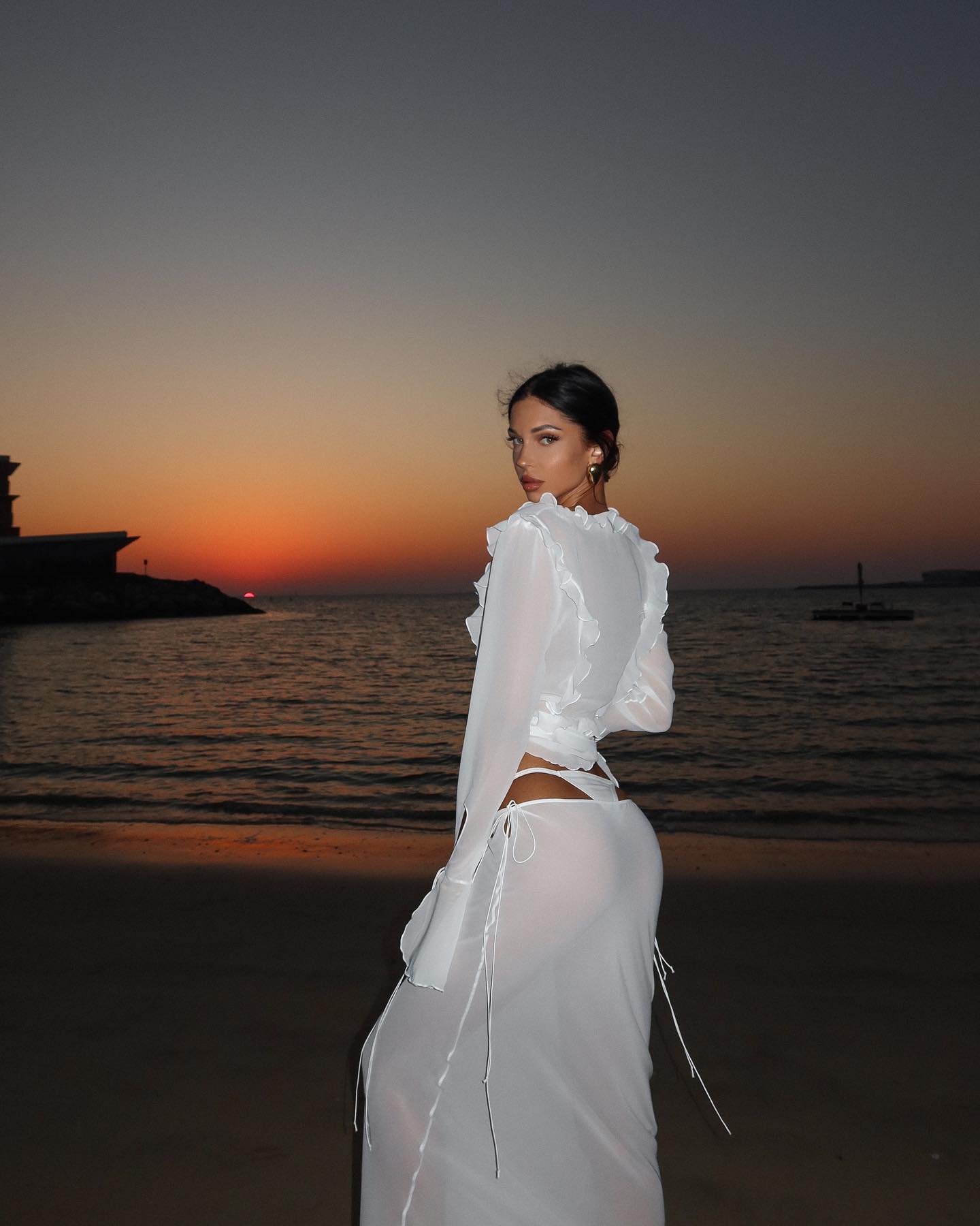 V-Neck Ruffle-Trim Tie-Front Long-Sleeve Cardigan Top with Waist-Tie Chiffon Skirt Two-Piece Set