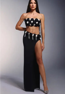 3D Floral Strapless Crop Top with Asymmetrical Waist Design & Tassel High-Slit Maxi Skirt
