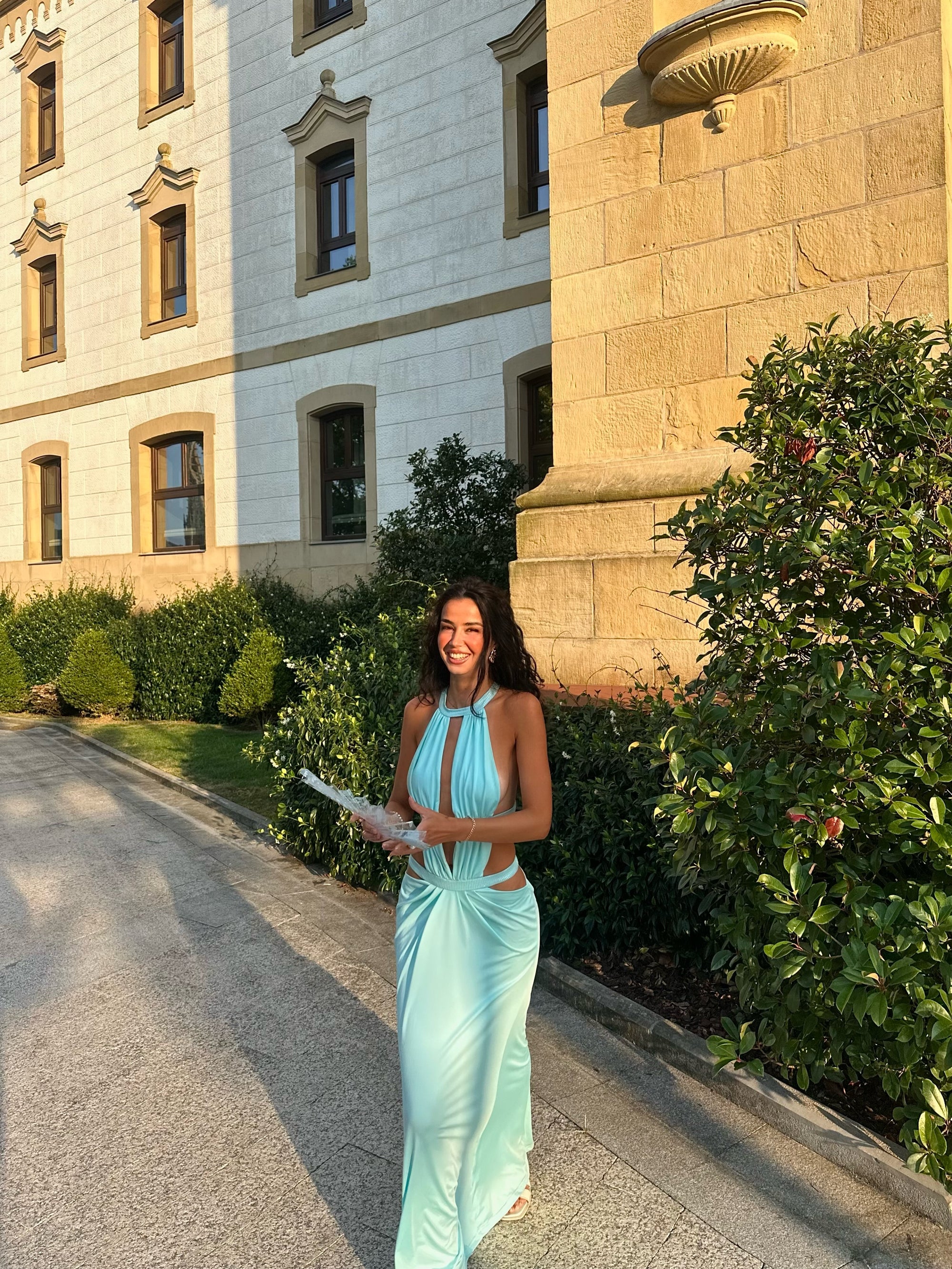 Crew-Neck Sleeveless Cutout Ruched Backless Seafoam Green  Dress