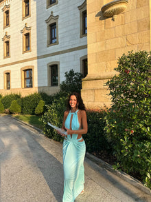 Crew-Neck Sleeveless Cutout Ruched Backless Seafoam Green  Dress