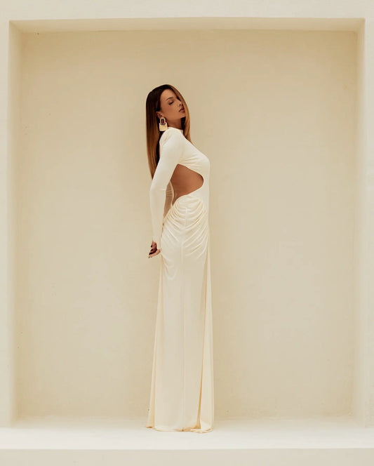 High-Neck  Waist Cut-Out  Ruched Maxi Dress