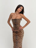 Sequin Leopard Bustier Top with Low-Rise Bodycon Skirt Two-Piece Set