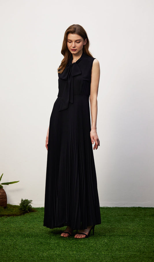 Stretch Knit Pleated Satin Midi Dress