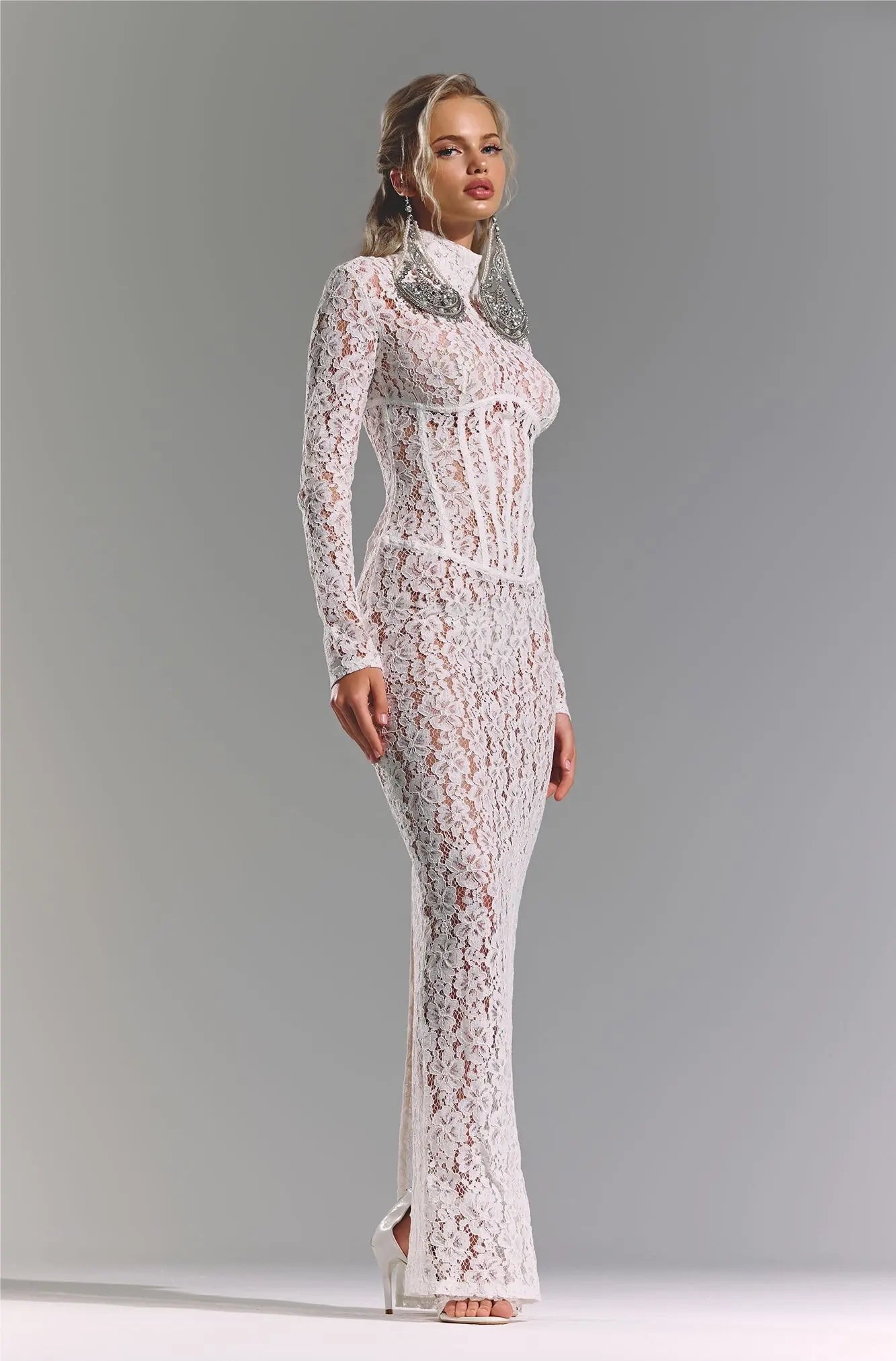 High-Neck Long-Sleeve Corset-Inspired White Lace Dress