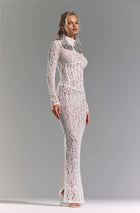High-Neck Long-Sleeve Corset-Inspired White Lace Dress