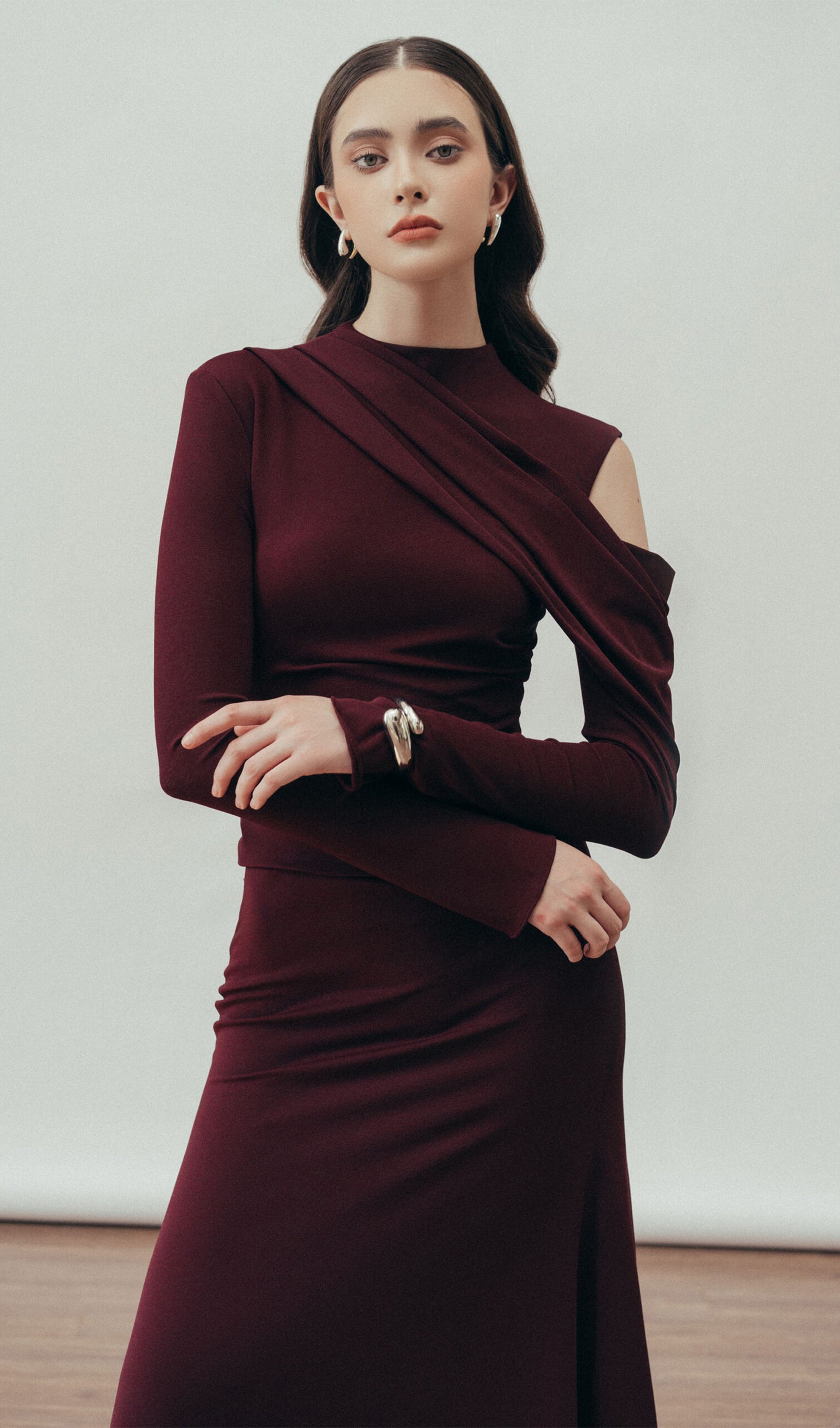 Solid Fitted Draped Maxi Dress