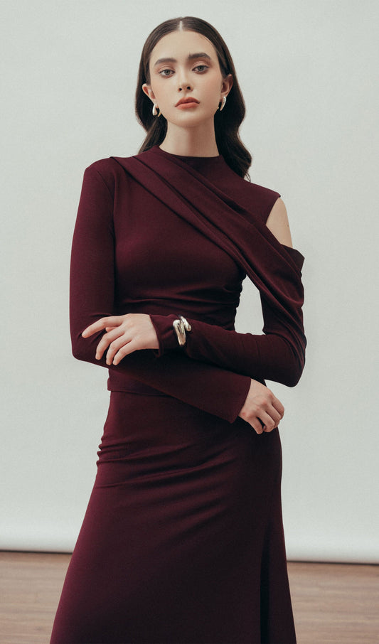 Solid Fitted Draped Maxi Dress