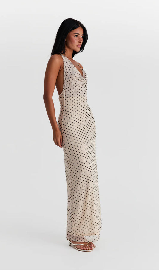 Asymmetric Cowl Polka Dot Maxi Dress