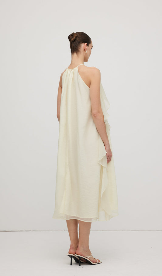 Halterneck Rose Detail Ruffle Midi Dress