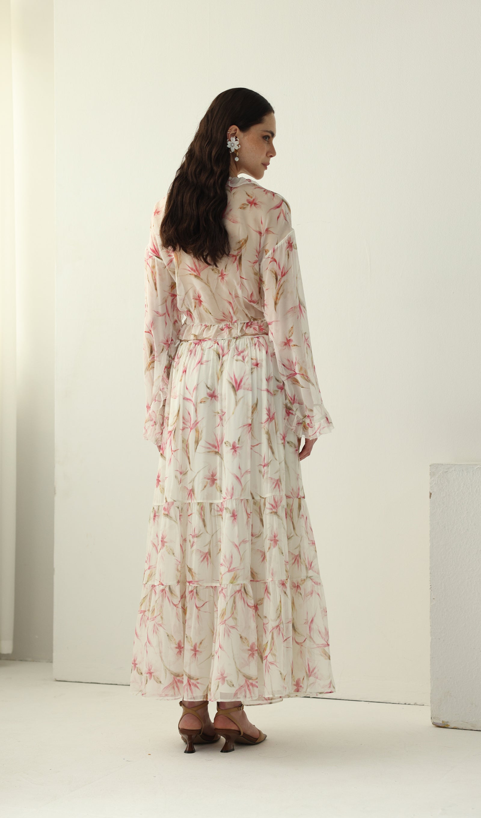 Floral Silk Ruffle Two Piece Sets