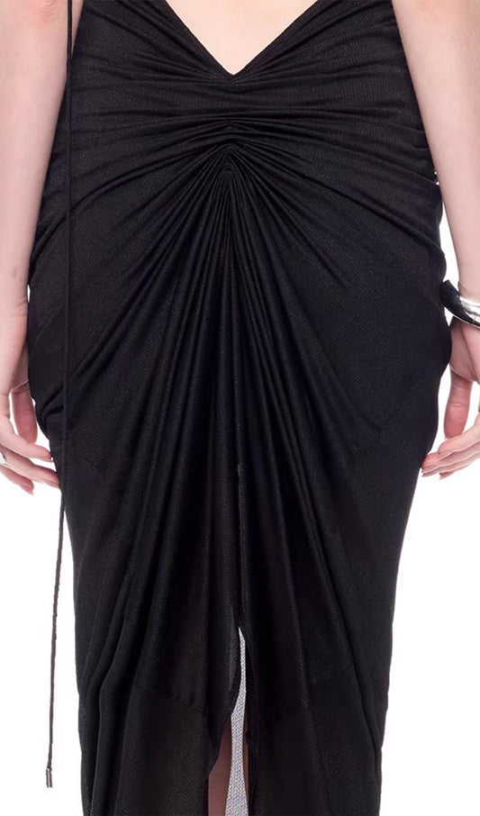 Mesh Knit Pleated Open Back Midi Dress