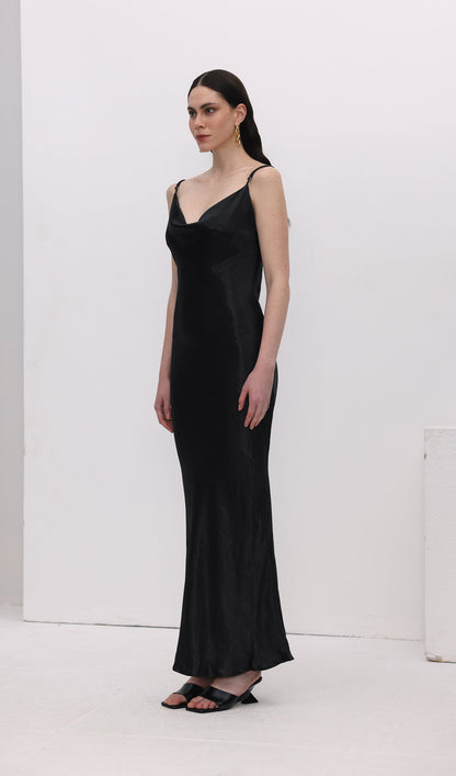 Satin Cowl Neck Backless Slip Dress