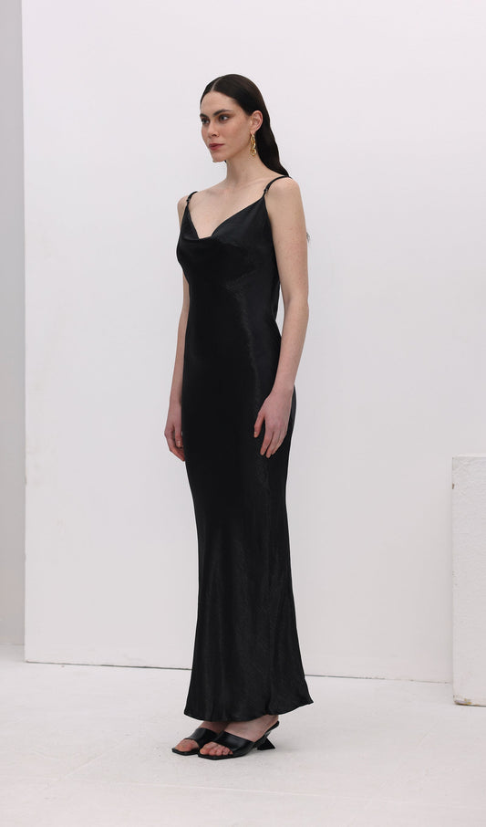 Satin Cowl Neck Backless Slip Dress