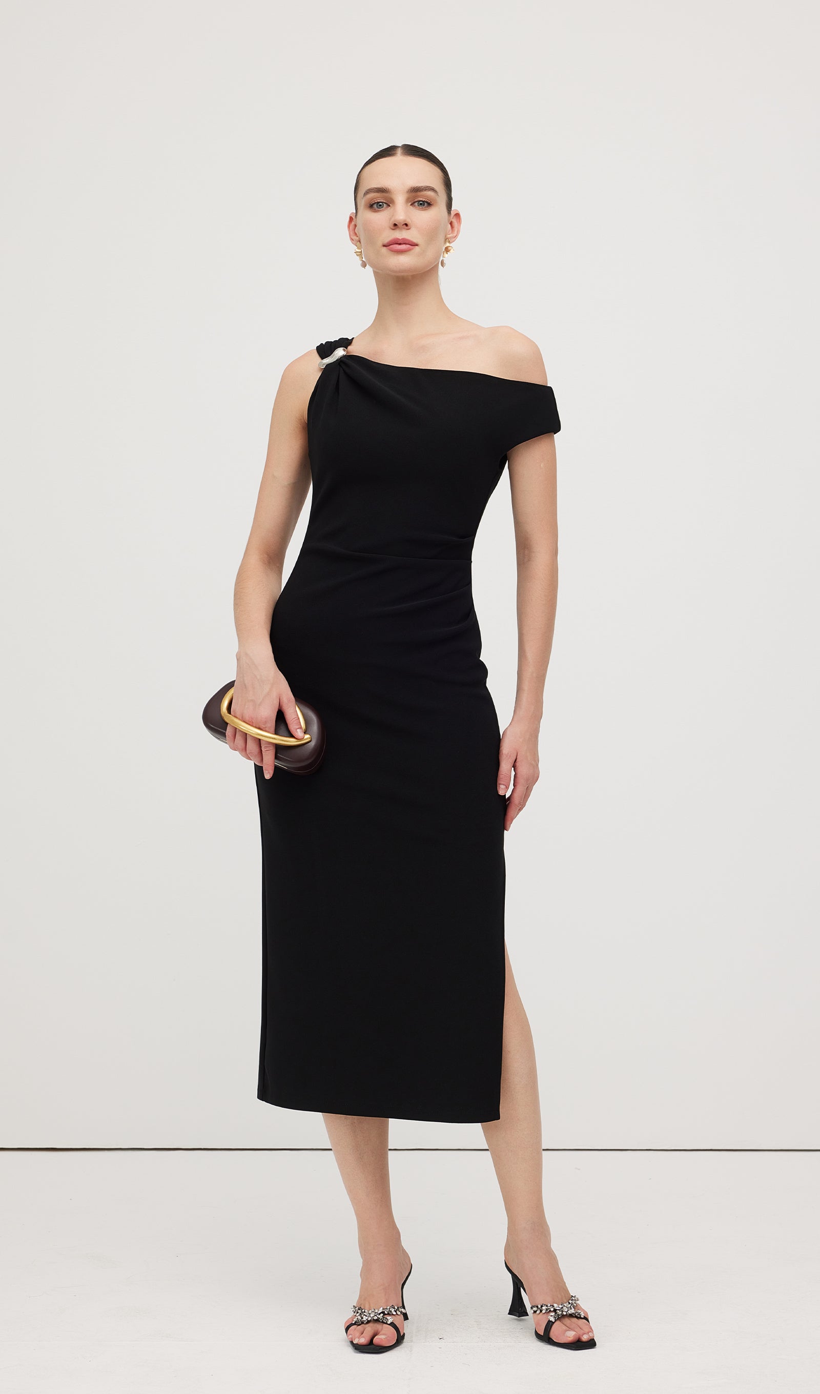 Asymmetric Metallic Midi Dress