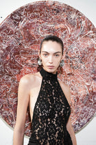 High-Neck Sleeveless Lace-Splicing Ruched-Waist Backless Bodycon Dress