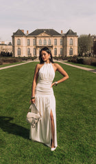 Satin Halter Draped Bodice Maxi Dress