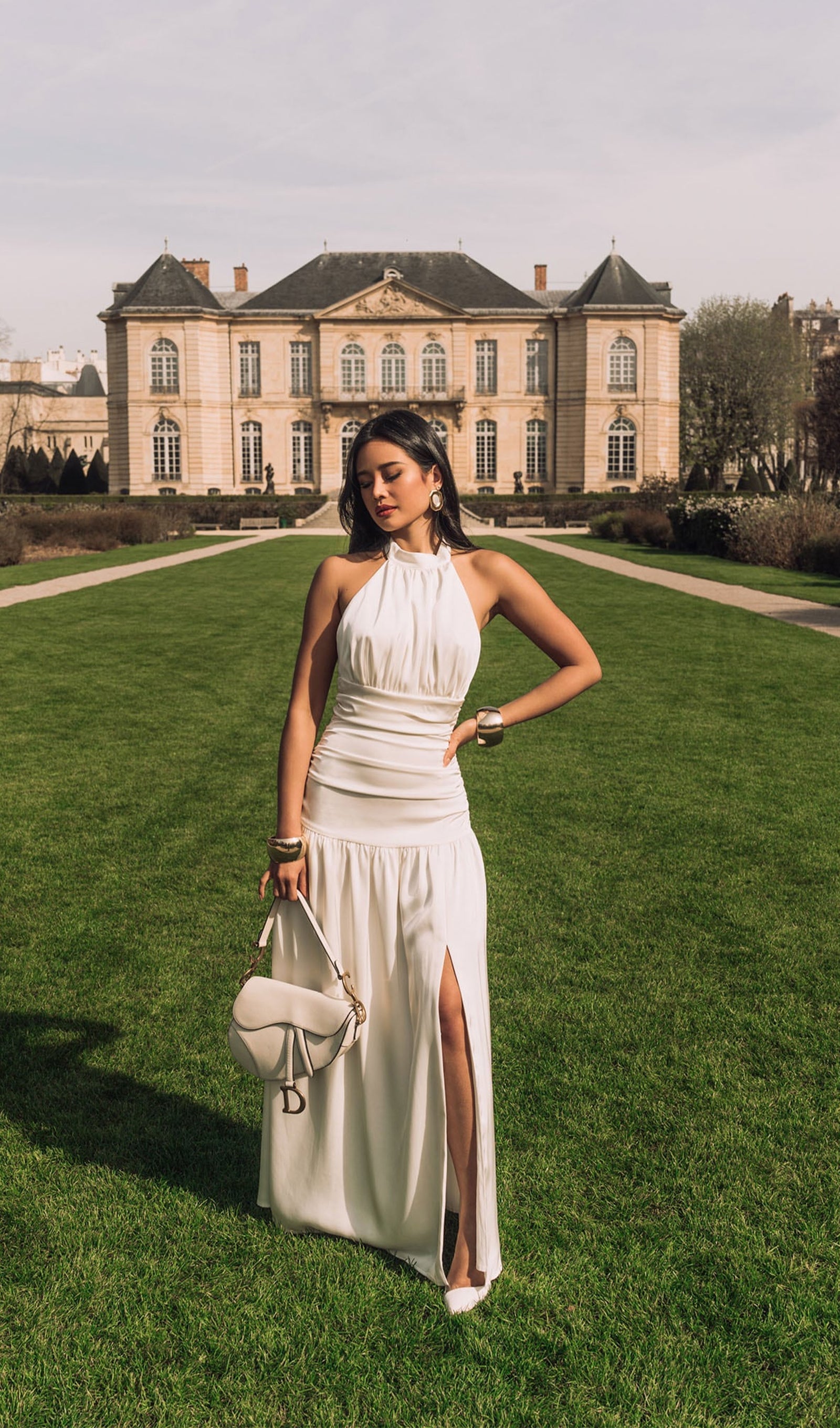 Satin Halter Draped Bodice Maxi Dress