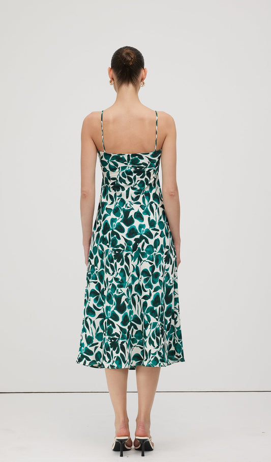 Green Leaf Print Midi Dress