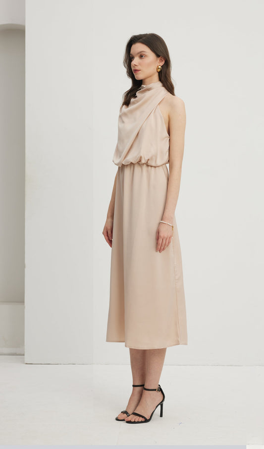 Asymmetric Satin Midi Dress