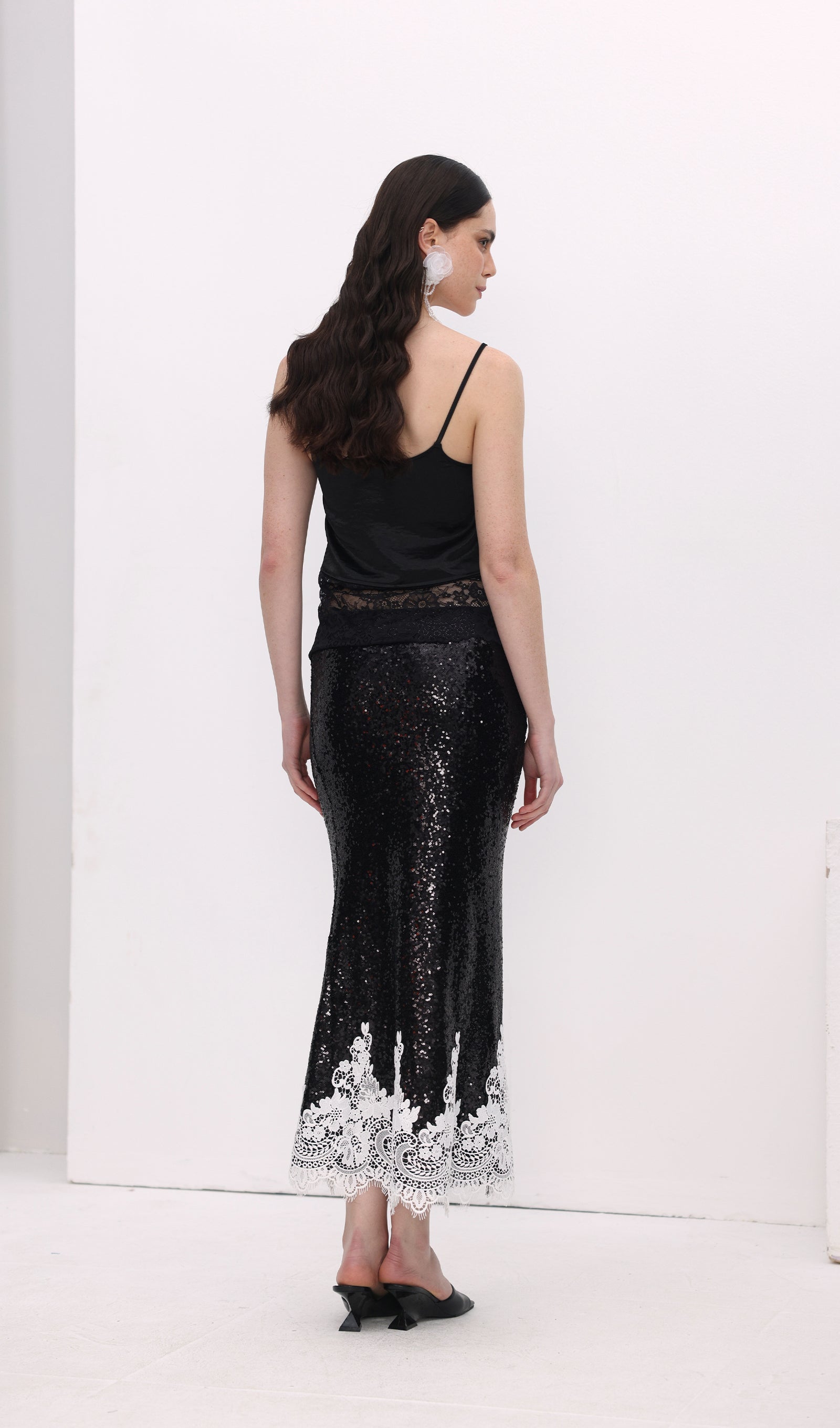 Sequinned Lace Trim Midi Skirt