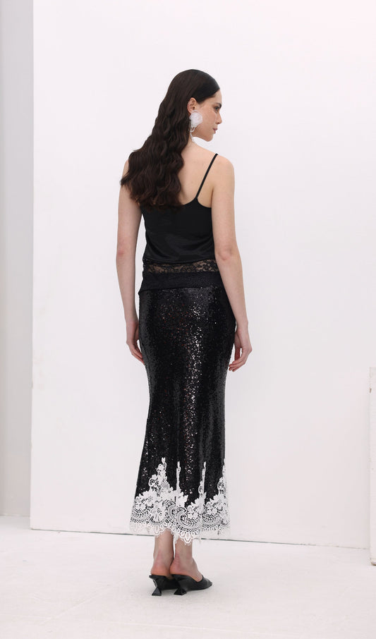 Sequinned Lace Trim Midi Skirt