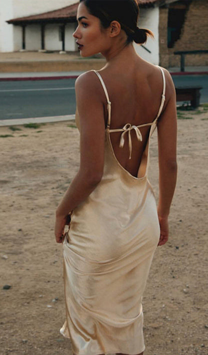 Satin Cowl Neck Backless Slip Dress