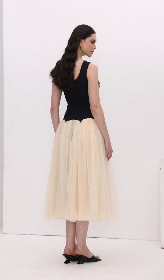 Vintage Contrast Tulle Midi Dress