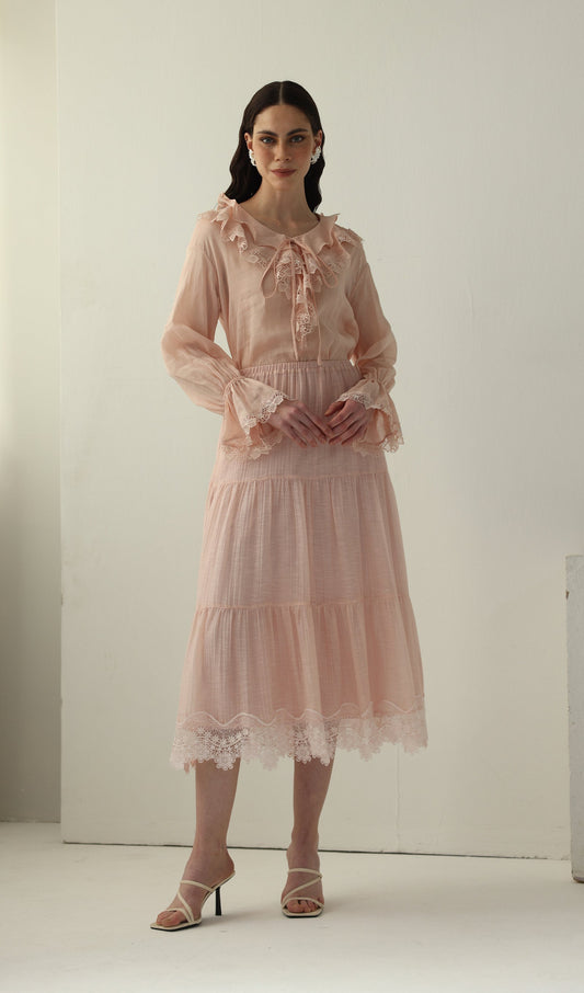 Long Sleeved Lace Panel Midi Skirt