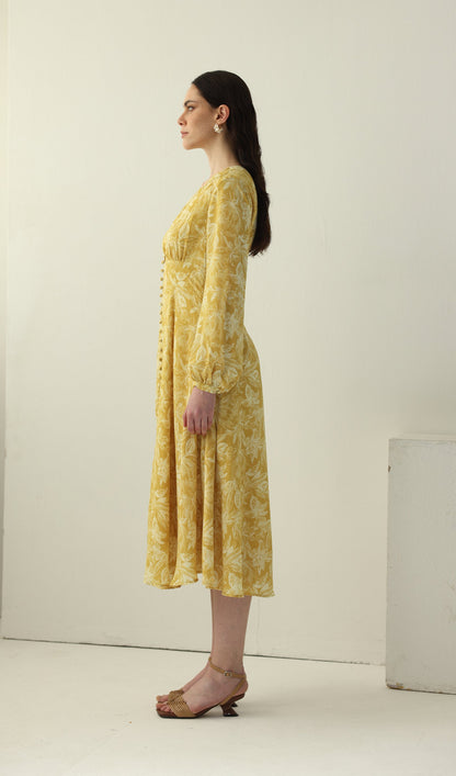 Yellow Floral Printed V Neck Midi Dress