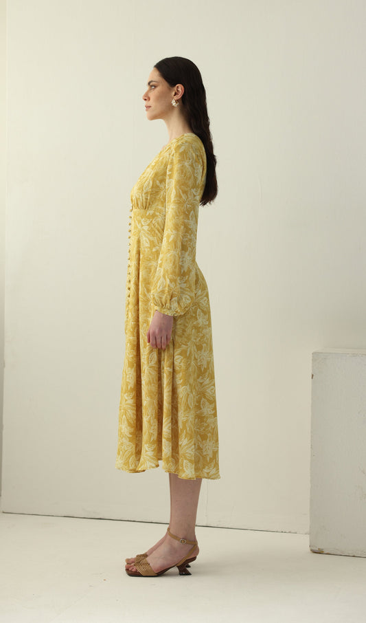 Yellow Floral Printed V Neck Midi Dress