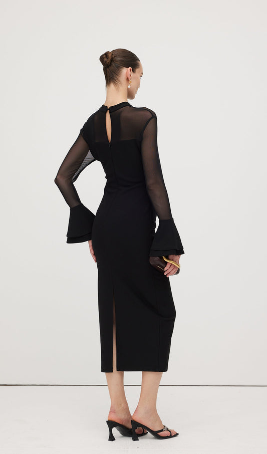 Mesh Stitching Long Sleeve Midi Dress