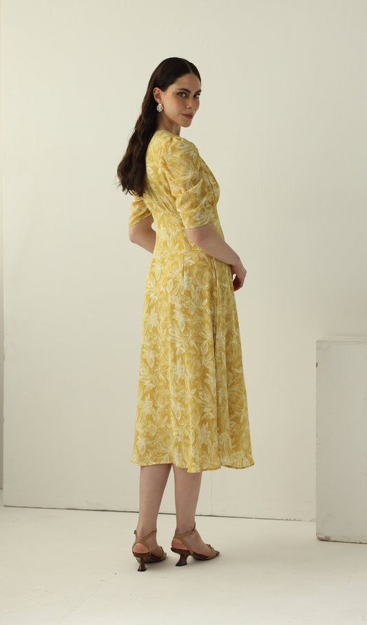 Yellow Printed Short Sleeve Midi Dress