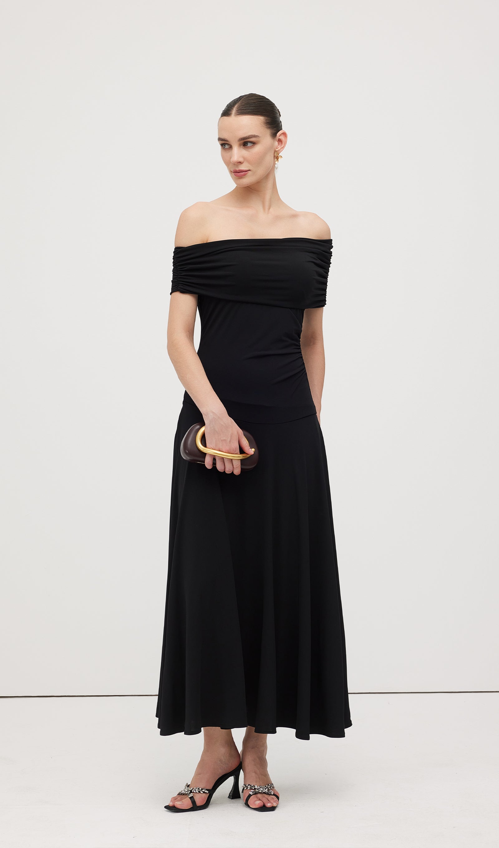 Off Shoulder Draped Midi Dress