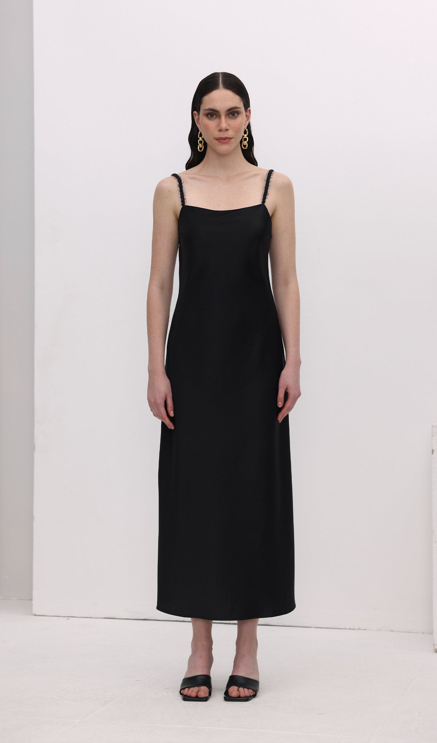 Solid Sequined Slip Midi Dress Black