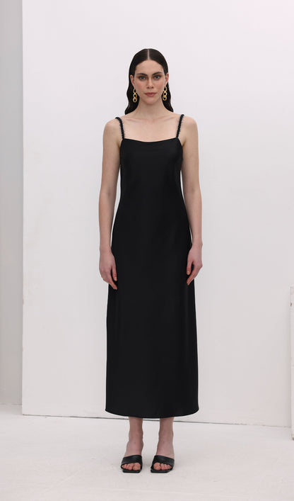 Solid Sequined Slip Midi Dress Black