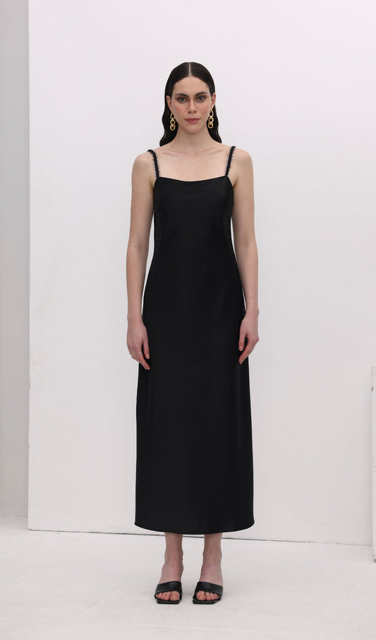 Solid Sequined Slip Midi Dress Black