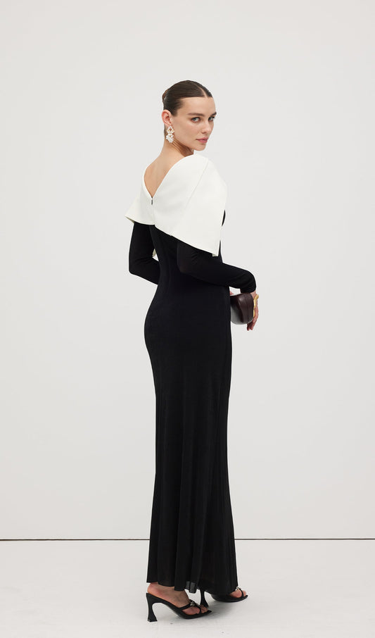 Asymmetrical Draped Shoulder Pleat Maxi Dress