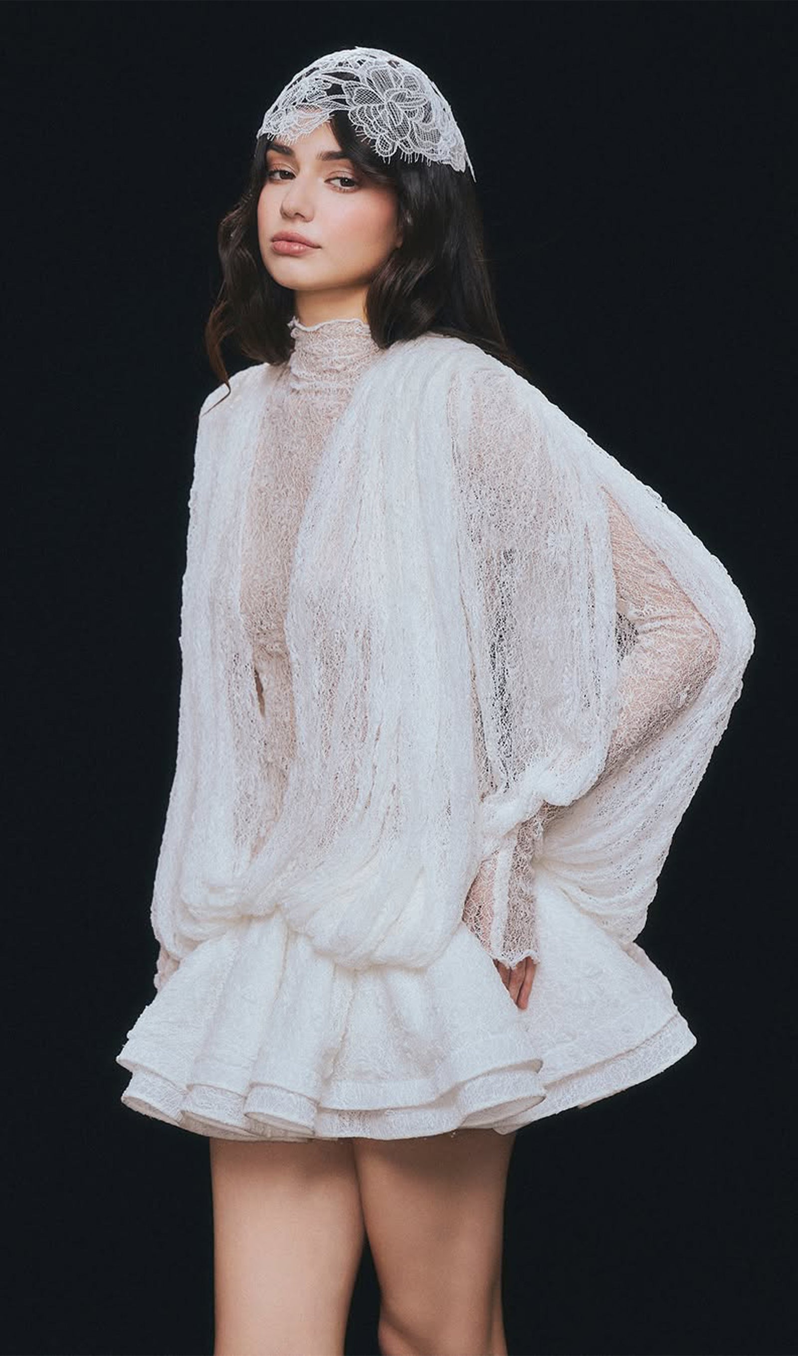 Lace Semi Sheer Ruffled Mini Dress