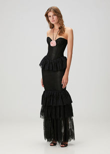 Strapless Corset-Style Halter-Tie 3D Floral Lace Dress