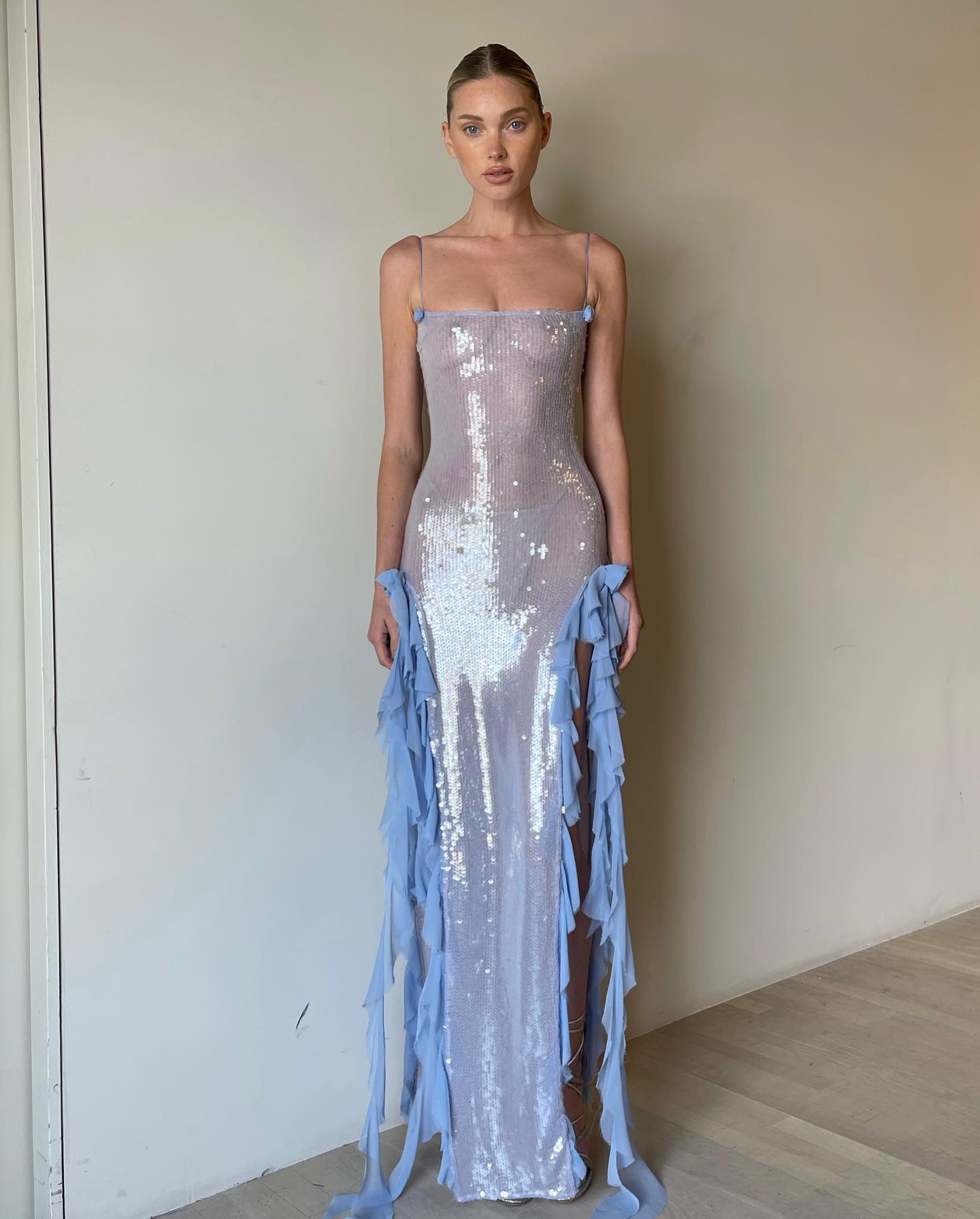 Spaghetti Strap Double-Slit Chiffon Sequin-Panel Dress