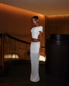 Asymmetric Off-Shoulder Sleeveless Cropped Top with Ruched Bodycon Back-Slit Skirt Two-Piece Set