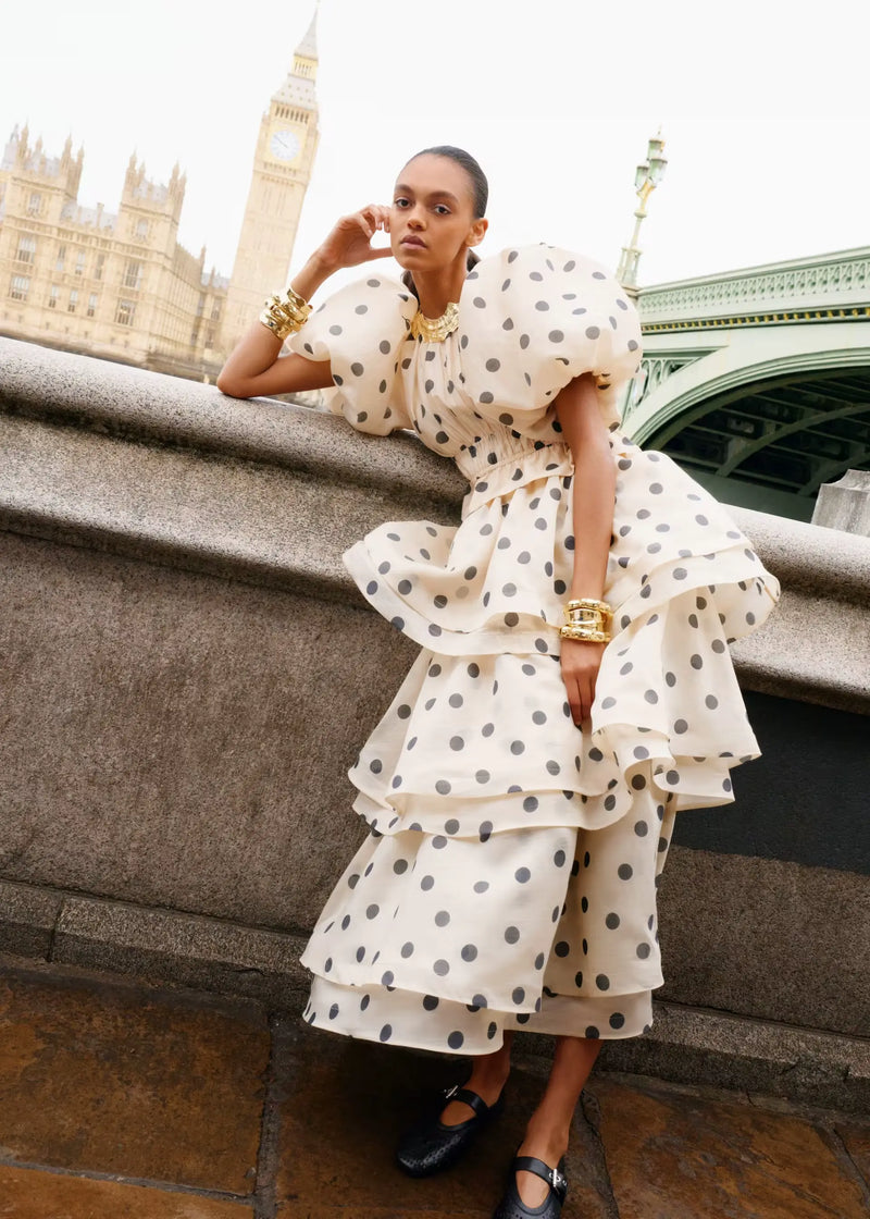 Polka Dot Lantern Sleeve Ruched Waist Top Tiered Skirt Set