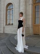 Scarf-Style Strapless Black-and-White Chiffon Paneled Dress