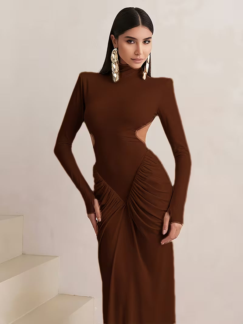 High-Neck  Waist Cut-Out  Ruched Maxi Dress