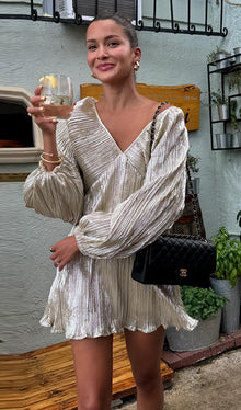 Metallic Balloon Sleeve Mini Dress